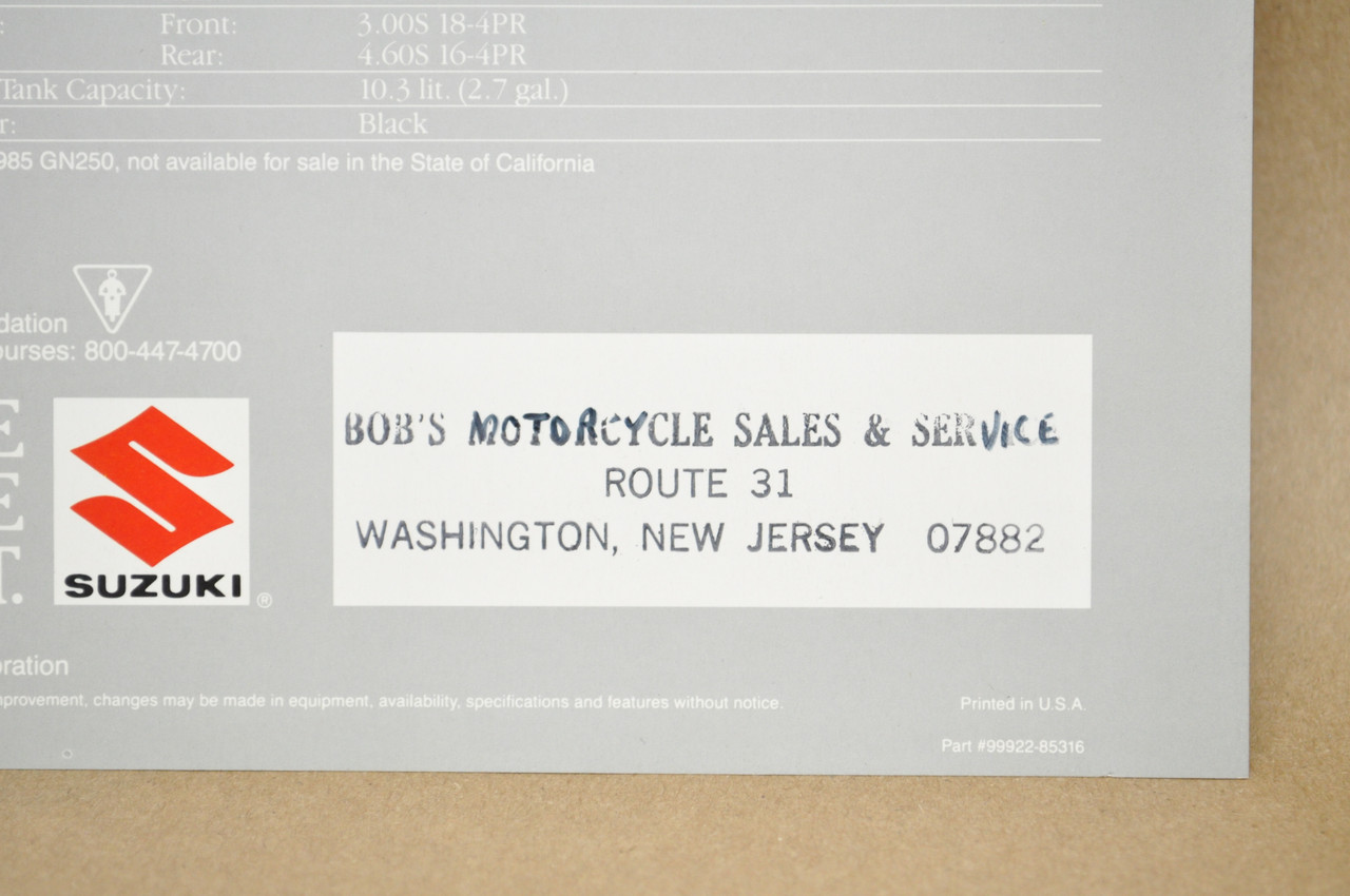 Vintage NOS 1985 Suzuki GN250 Motorcycle Brochure OEM Dealer Stamp Specs NEW