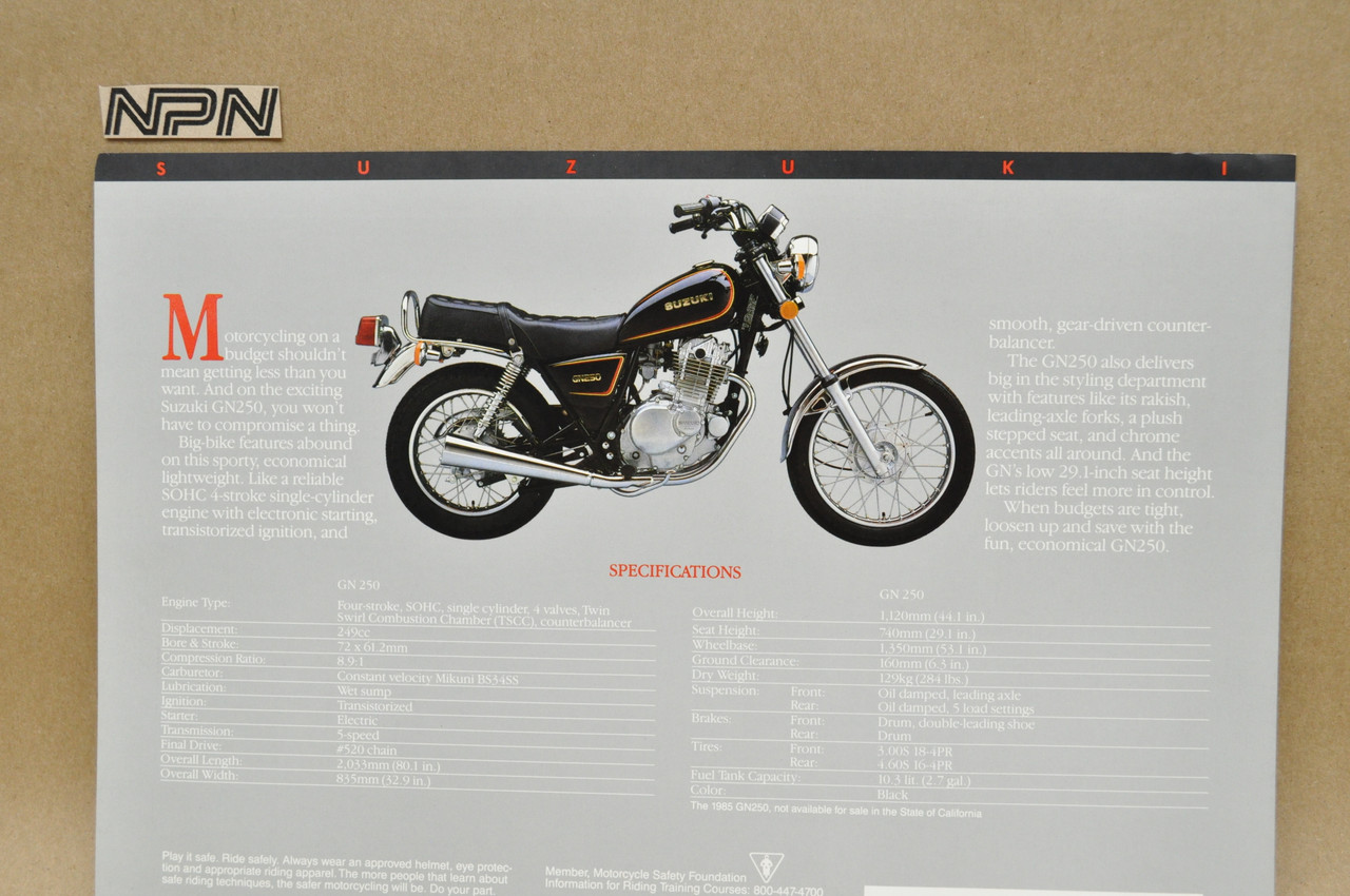 Vintage NOS 1985 Suzuki GN250 Motorcycle Brochure OEM Dealer Stamp Specs NEW