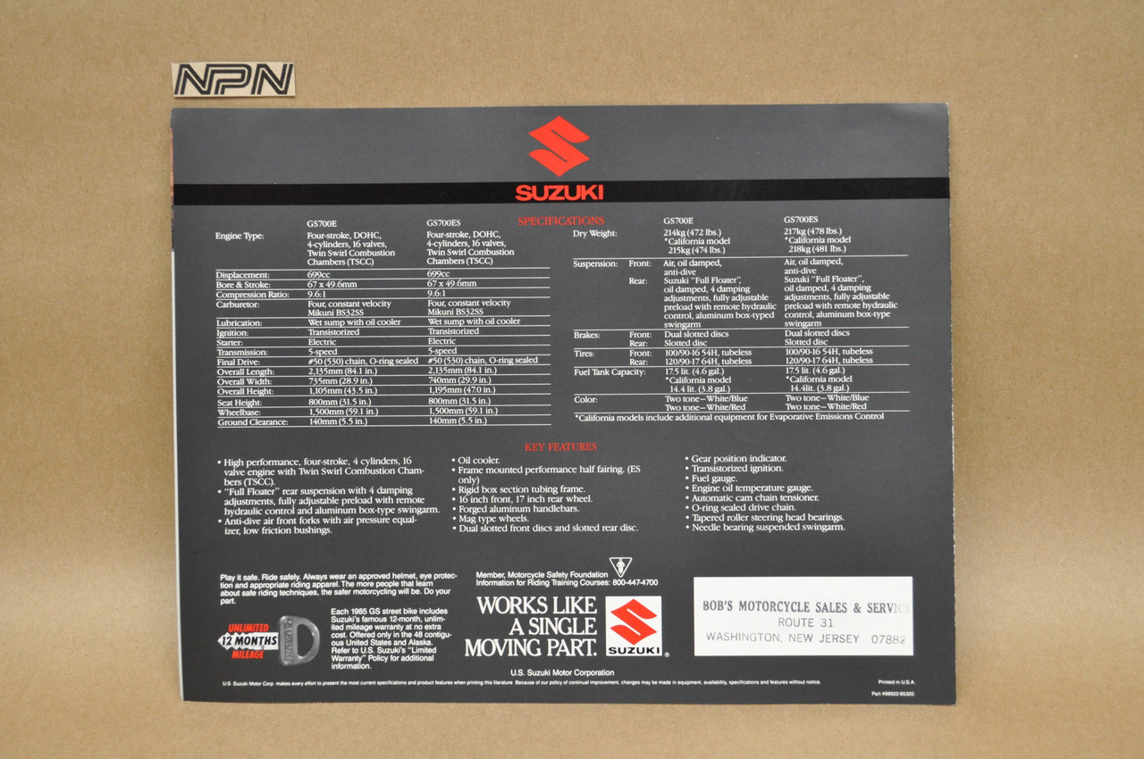 Vintage NOS 1985 Suzuki GS700 E GS700 ES Brochure OEM Dealer Stamp Specs NEW