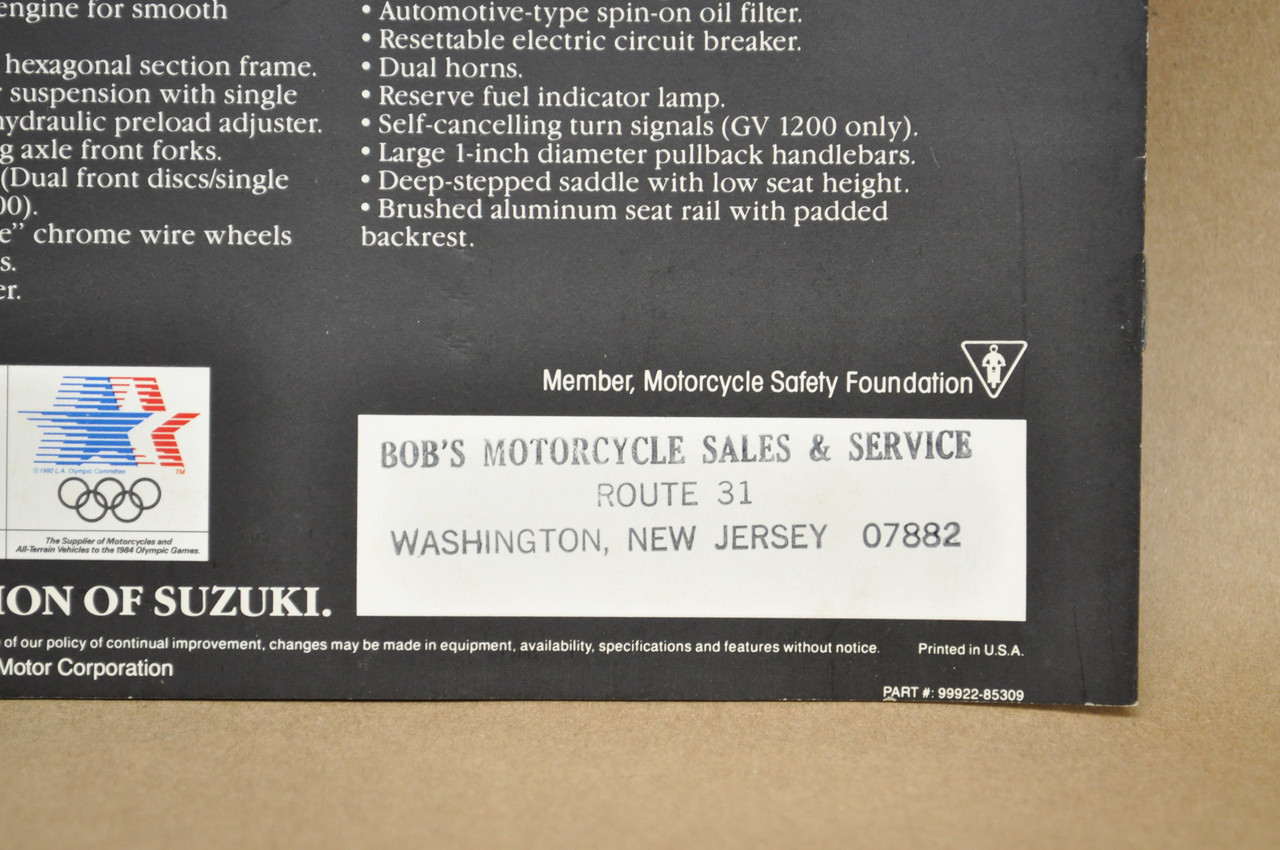 Vintage NOS 1985 Suzuki GV700 GV1200 Madura Brochure OEM Dealer Stamp Specs NEW