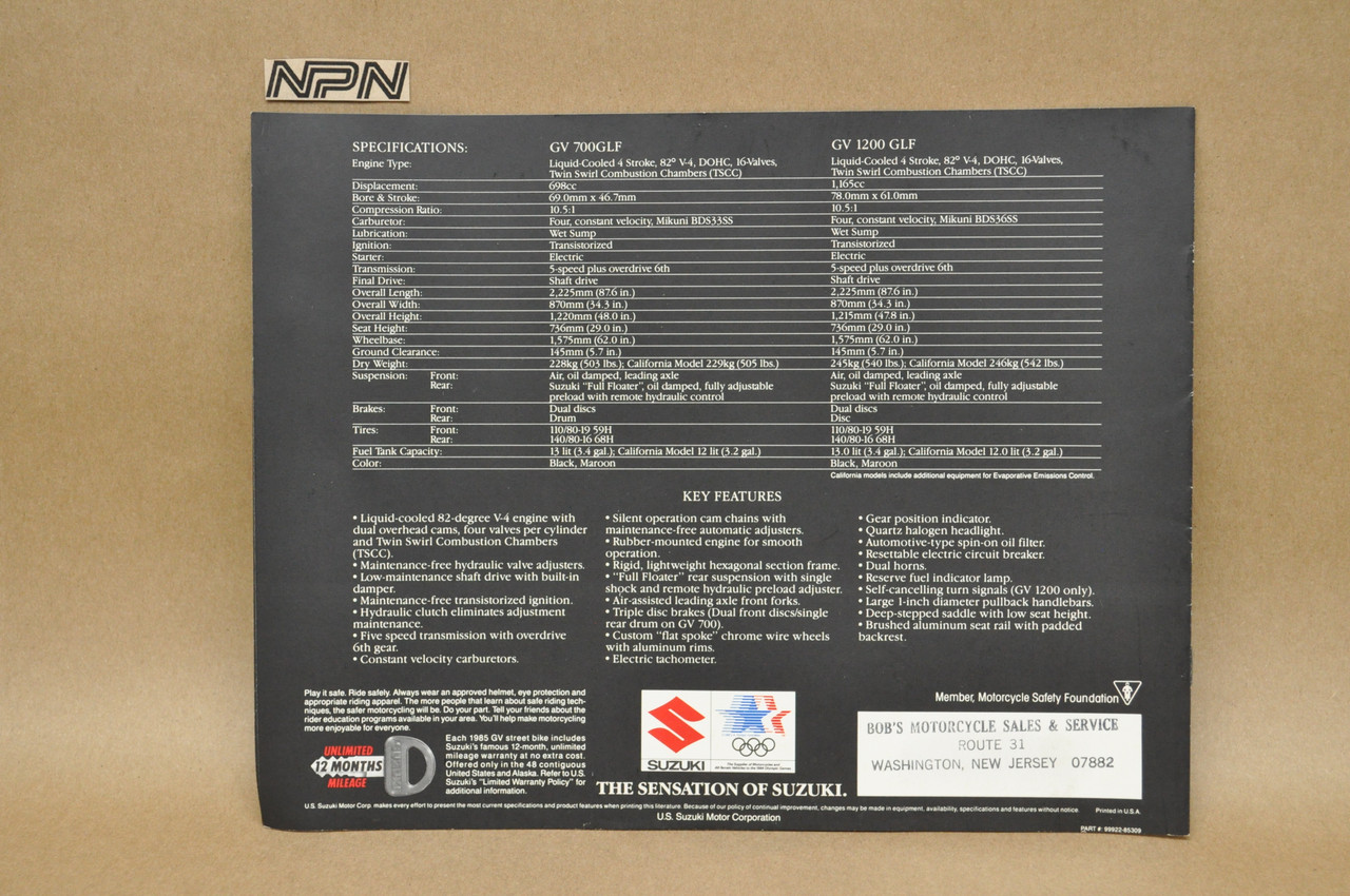 Vintage NOS 1985 Suzuki GV700 GV1200 Madura Brochure OEM Dealer Stamp Specs NEW