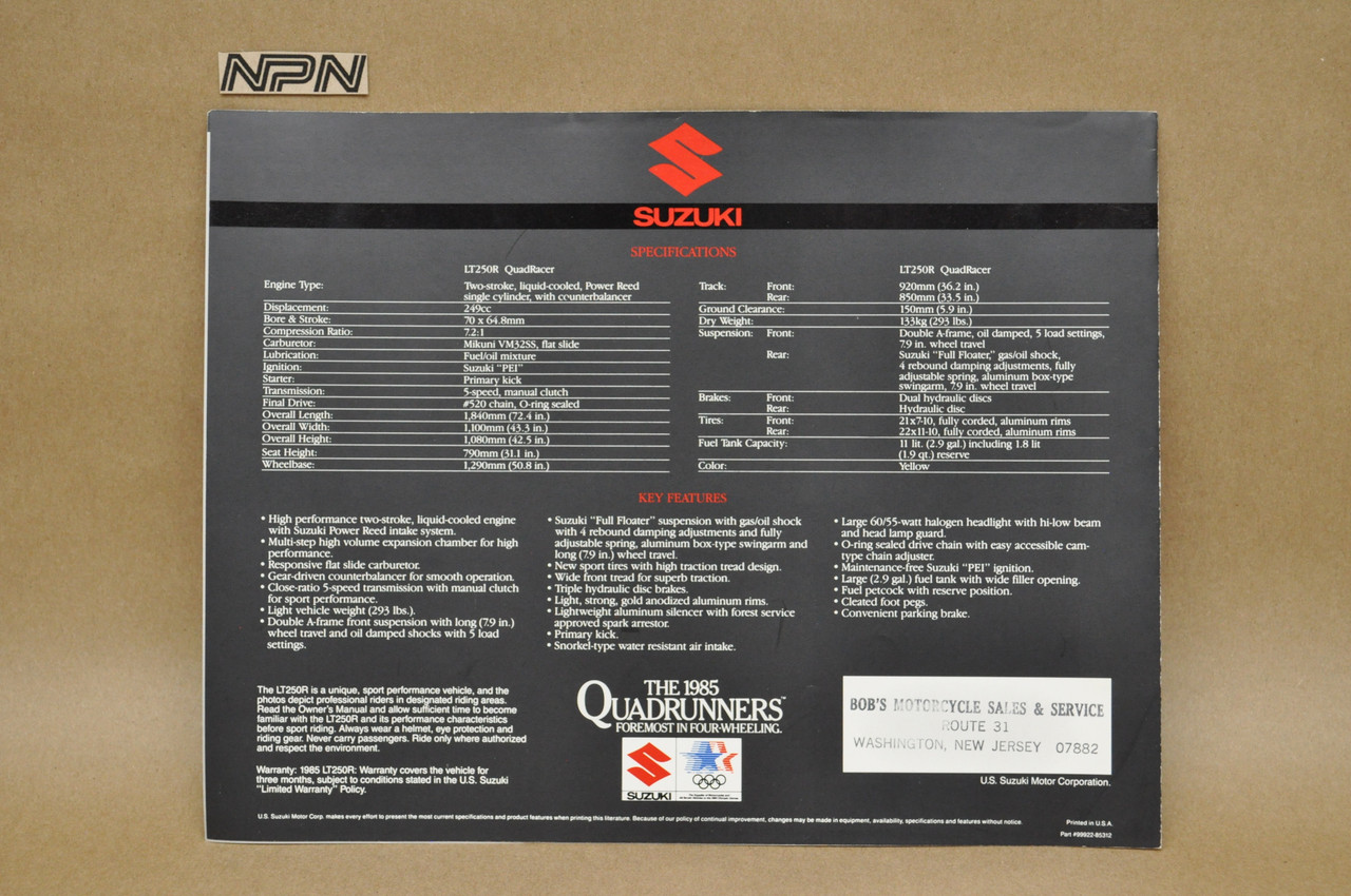 Vintage NOS 1985 Suzuki LT250 R Quadracer Brochure OEM Dealer Stamp Specs NEW