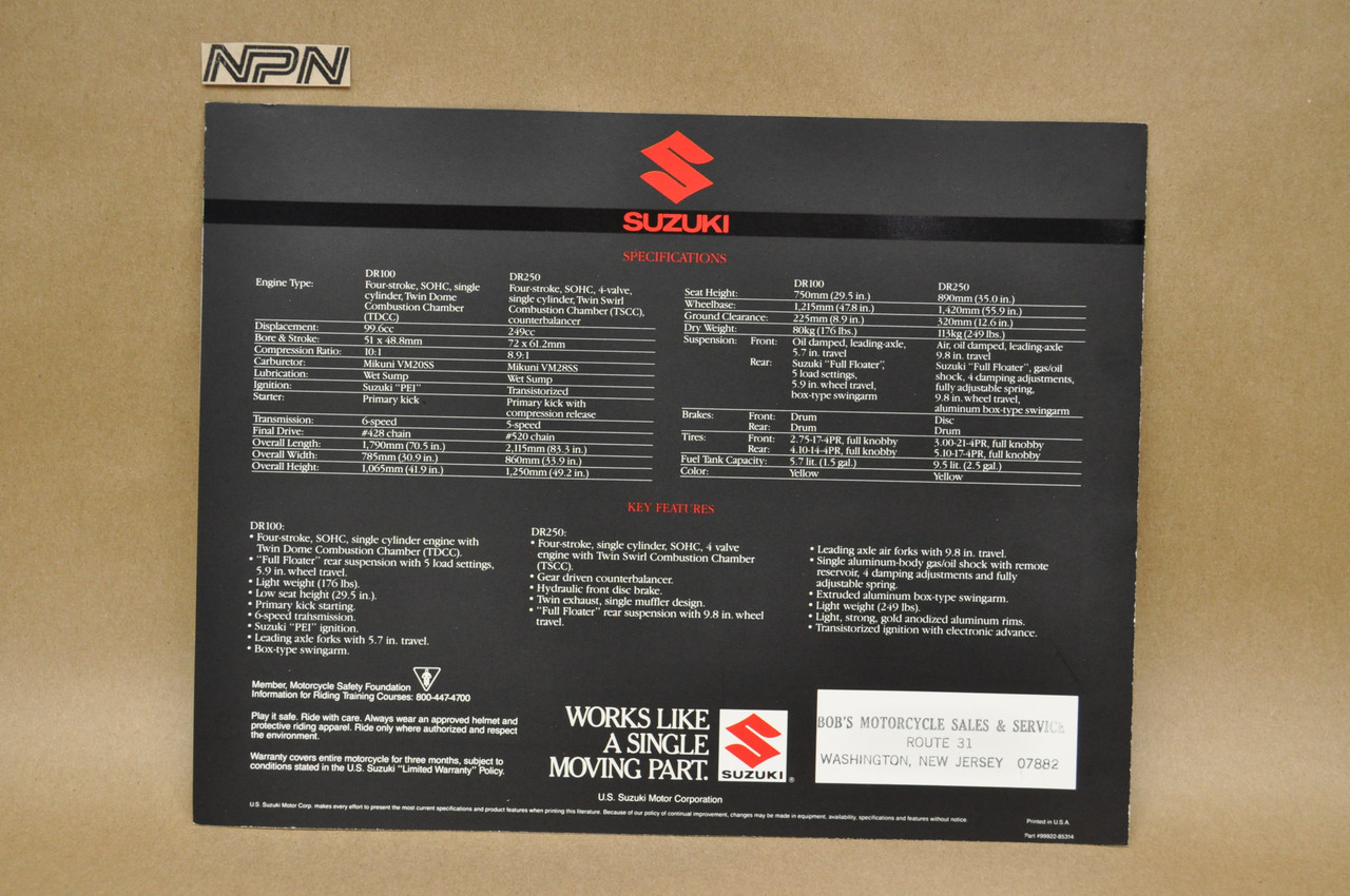 Vintage NOS 1985 Suzuki DR100 DR250 Brochure OEM Dealer Stamp Specs NEW