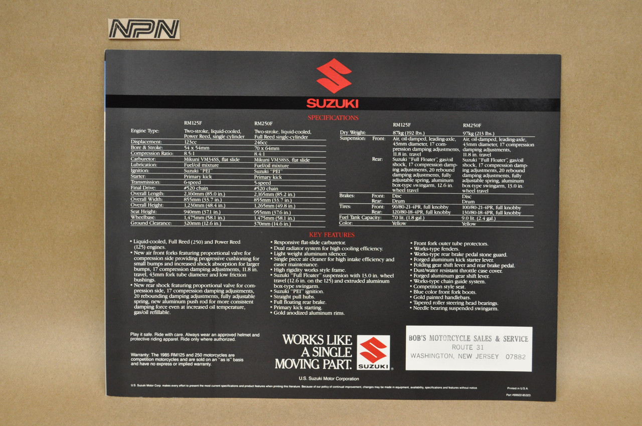 Vintage NOS 1985 Suzuki RM125 RM250 Brochure OEM Dealer Stamp Specs NEW