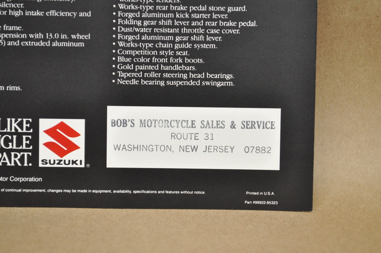 Vintage NOS 1985 Suzuki RM125 RM250 Brochure OEM Dealer Stamp Specs NEW