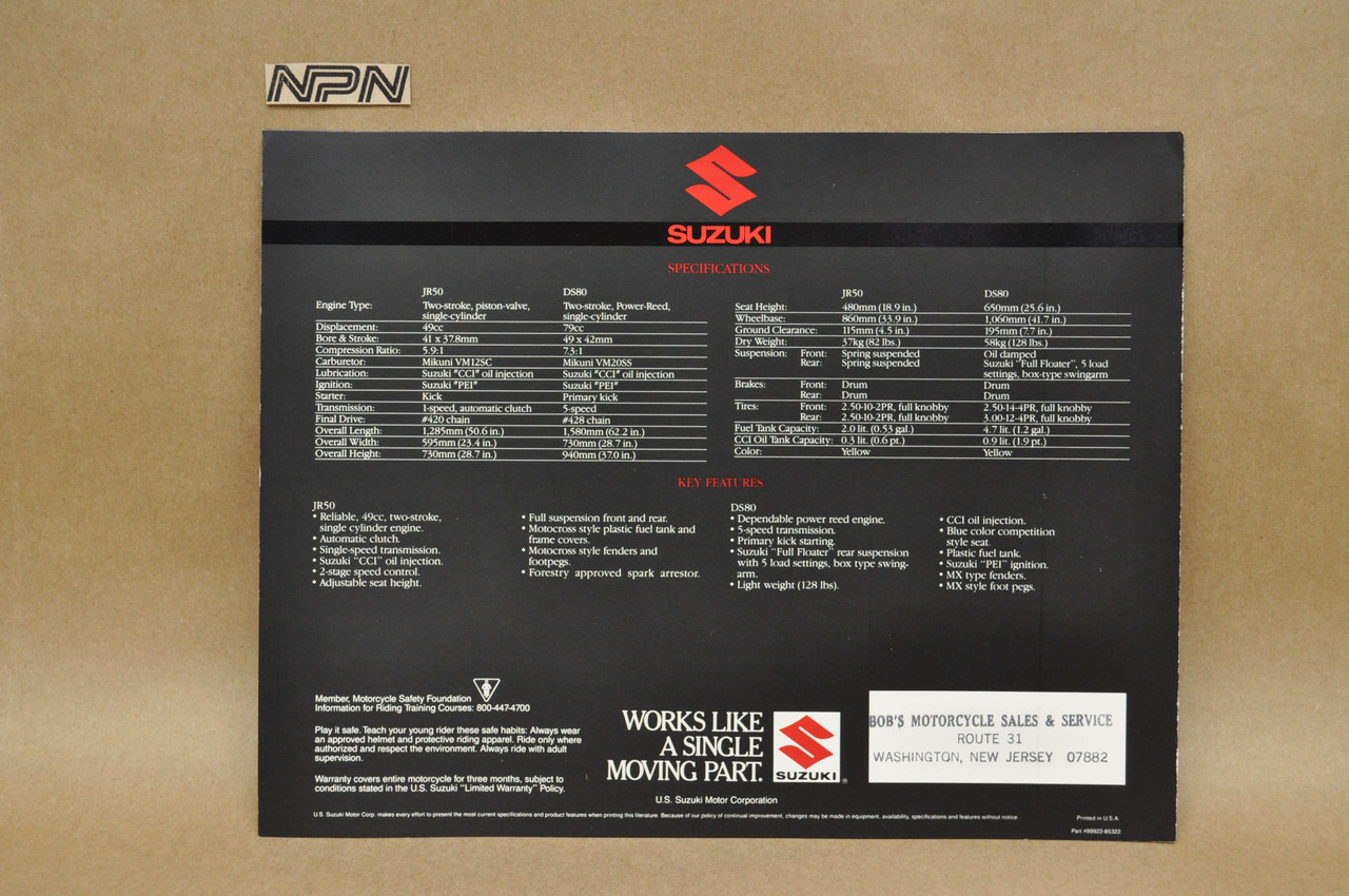 Vintage NOS 1985 Suzuki JR50 DS80 Brochure OEM Dealer Stamp Specs NEW