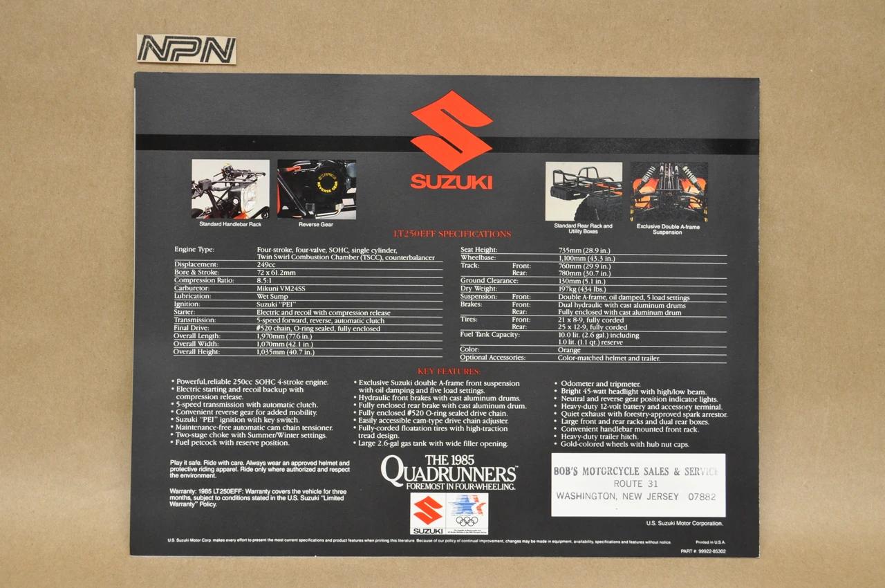 VTG NOS 1985 Suzuki LT250 EF Quadrunner Brochure OEM Dealer Stamp Specs NEW