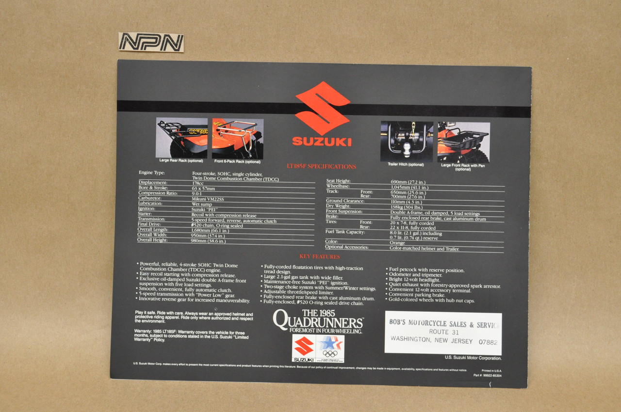 Vintage NOS 1985 Suzuki LT185 Quadrunner Brochure OEM Dealer Stamp Specs NEW