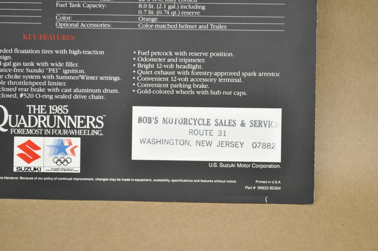 Vintage NOS 1985 Suzuki LT185 Quadrunner Brochure OEM Dealer Stamp Specs NEW