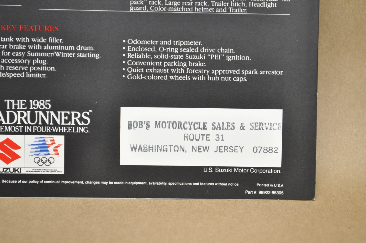 Vintage NOS 1985 Suzuki LT125 Quadrunner Brochure OEM Dealer Stamp Specs NEW