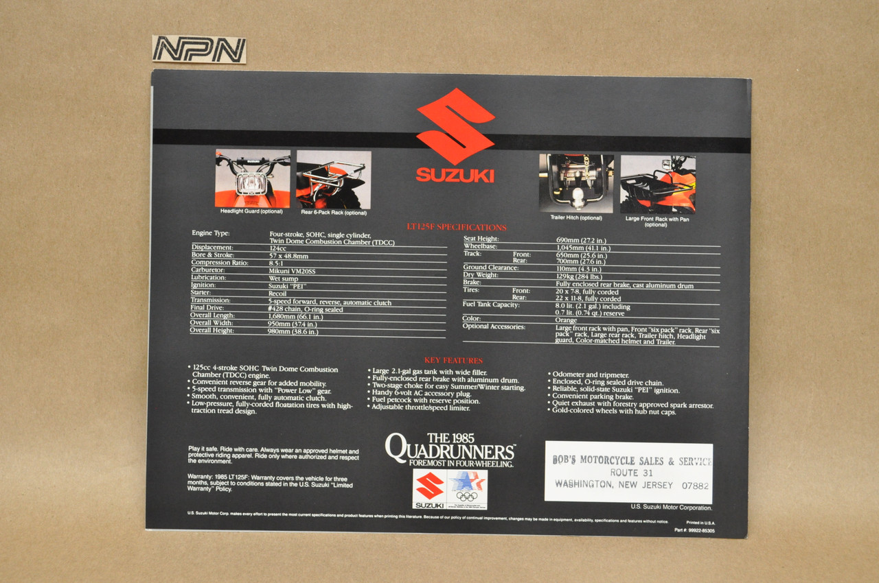 Vintage NOS 1985 Suzuki LT125 Quadrunner Brochure OEM Dealer Stamp Specs NEW