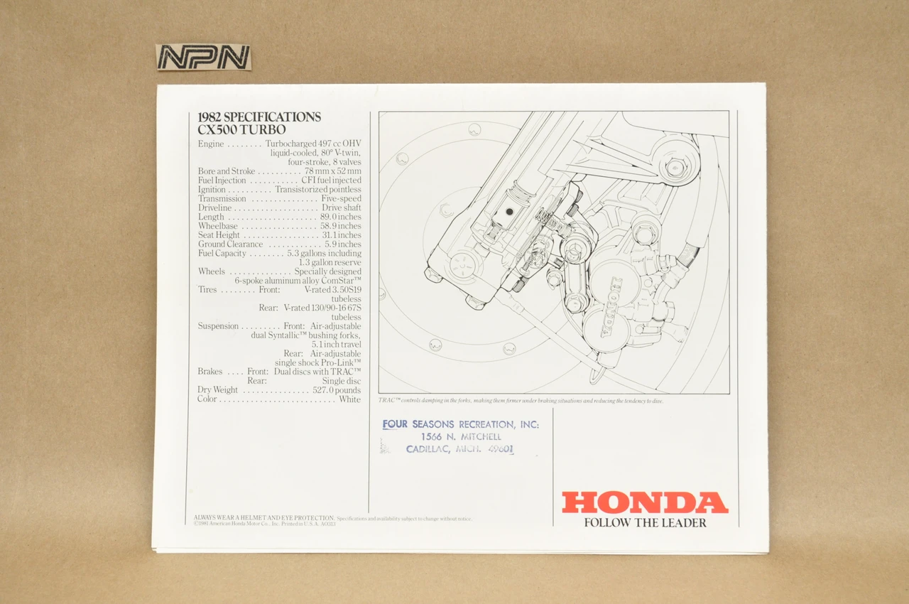 Vintage NOS 1982 Honda CX500 Turbo Motorcycle Brochure OEM Dealer Stamp Specs