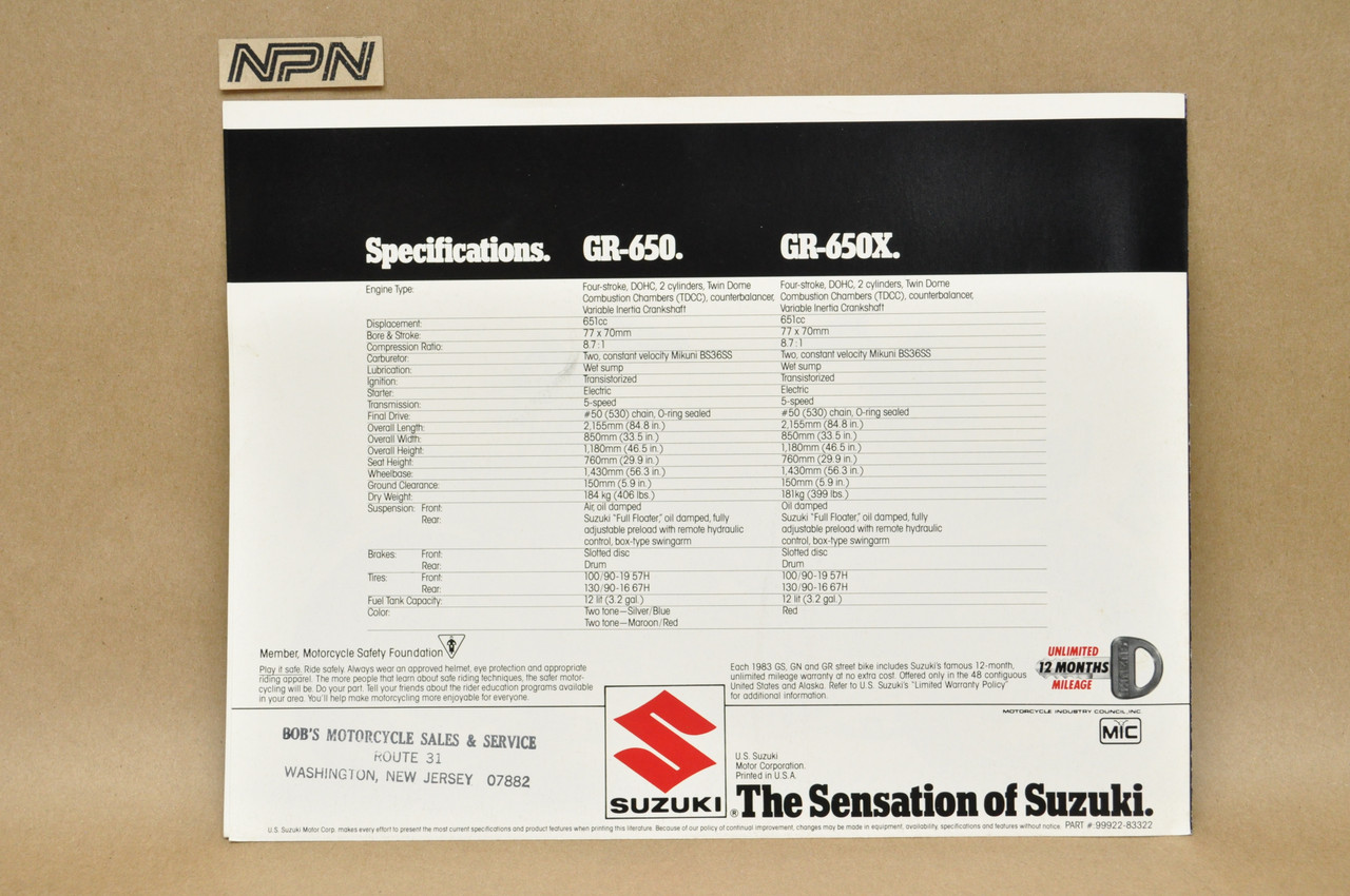 Vintage NOS 1983 Suzuki GR650 Tempter GR650 X Motorcycle Dealer Brochure OEM