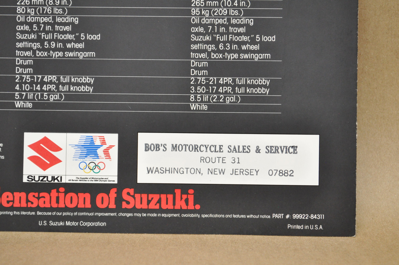 Vintage NOS 1984 Suzuki DR100 DR125 Motorcycle Dealer Brochure OEM