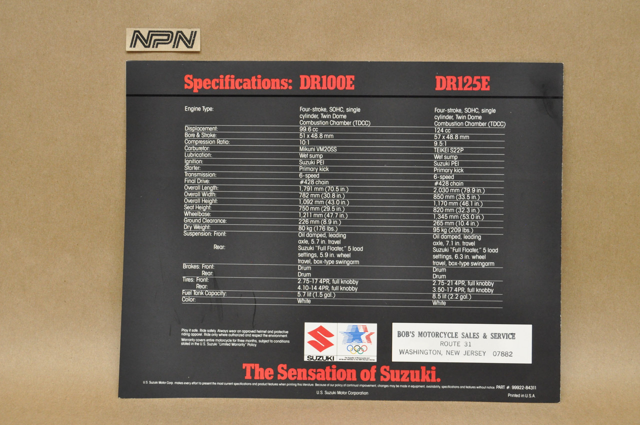 Vintage NOS 1984 Suzuki DR100 DR125 Motorcycle Dealer Brochure OEM
