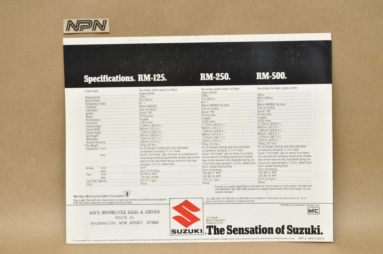 Vintage NOS 1983 Suzuki RM125 RM250 RM500 Motorcycle Brochure Dealer Specs OEM