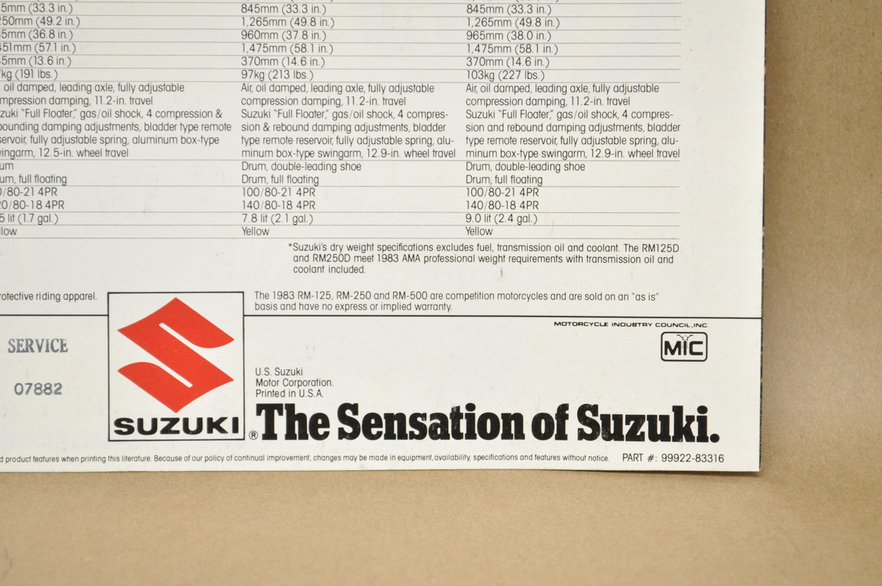 Vintage NOS 1983 Suzuki RM125 RM250 RM500 Motorcycle Brochure Dealer Specs OEM