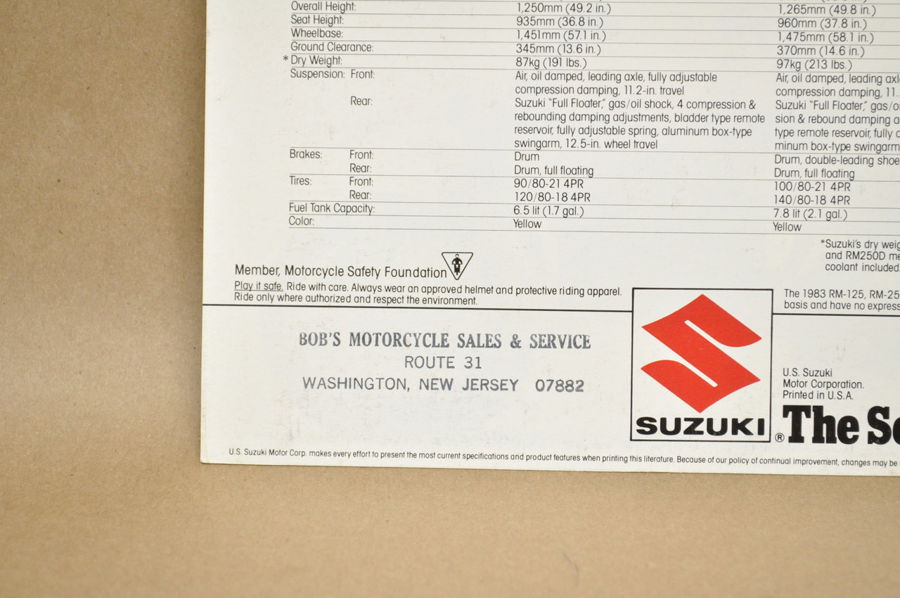 Vintage NOS 1983 Suzuki RM125 RM250 RM500 Motorcycle Brochure Dealer Specs OEM