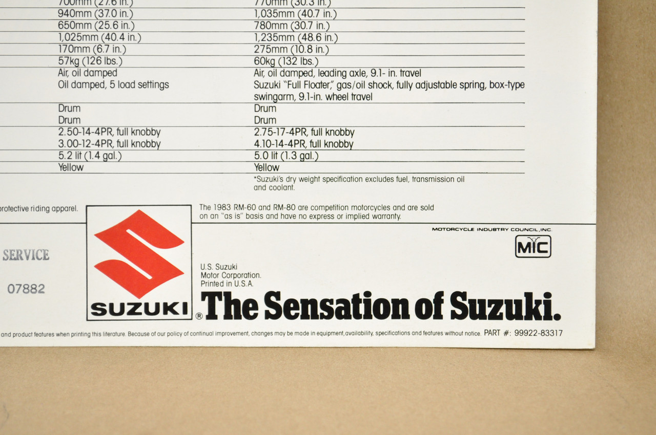Vintage NOS 1983 Suzuki RM60 RM80 Motorcycle Brochure Dealer Specs OEM