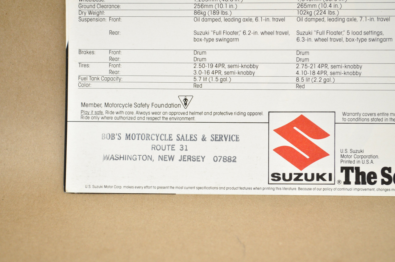 Vintage NOS 1983 Suzuki SP100 SP125 SP250 SP500 Motorcycle Brochure Dealer Specs