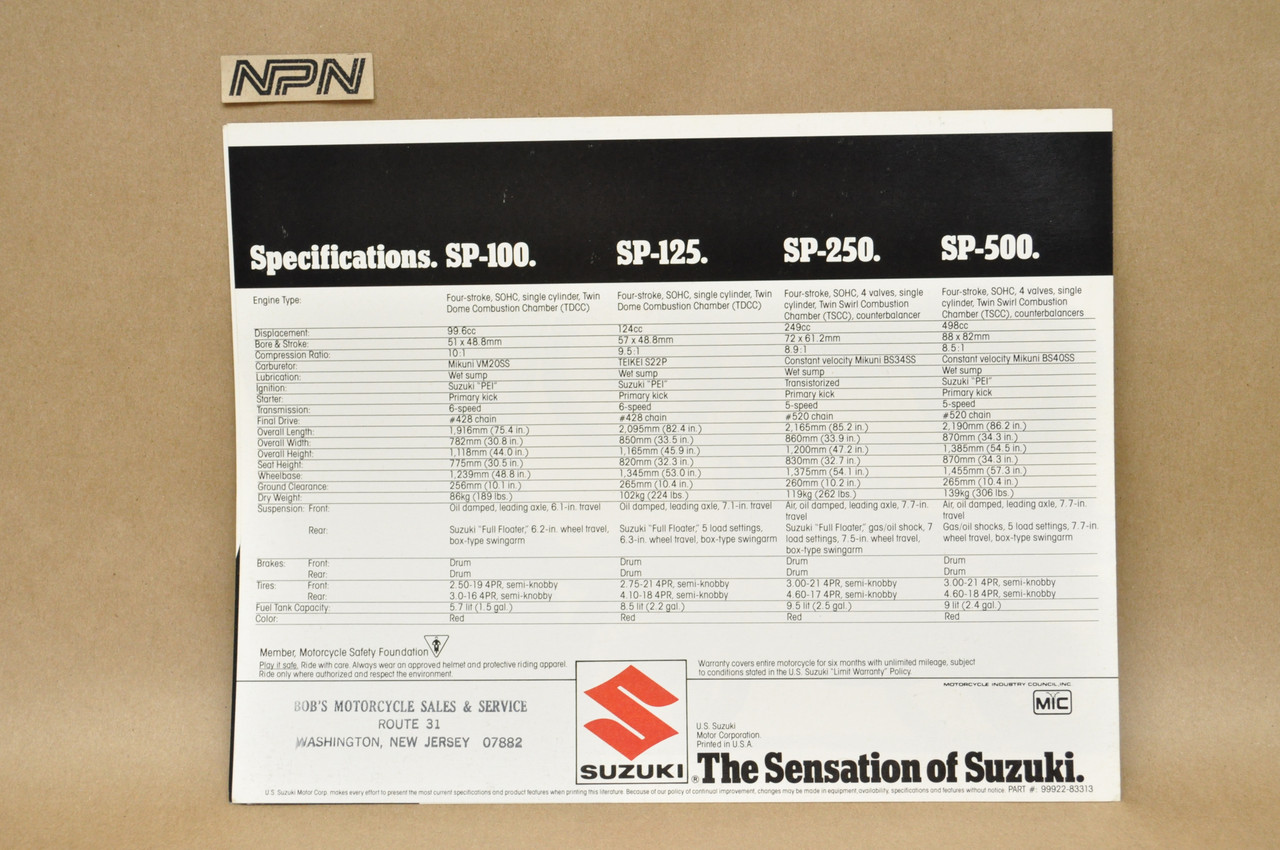 Vintage NOS 1983 Suzuki SP100 SP125 SP250 SP500 Motorcycle Brochure Dealer Specs