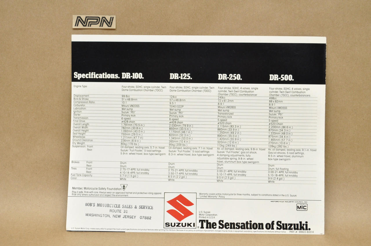Vintage NOS 1983 Suzuki DR100 DR125 DR250 DR500 Motorcycle Brochure Dealer Specs