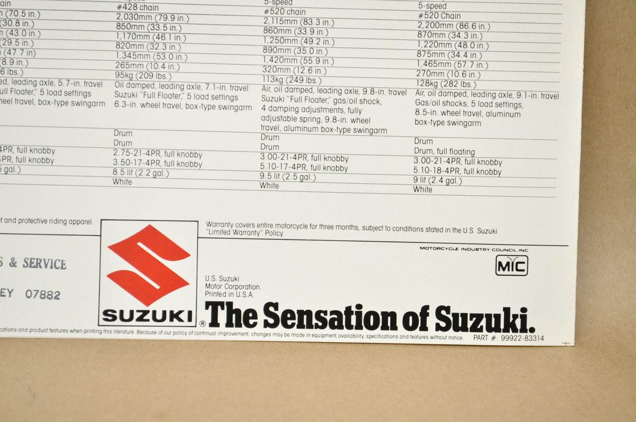 Vintage NOS 1983 Suzuki DR100 DR125 DR250 DR500 Motorcycle Brochure Dealer Specs