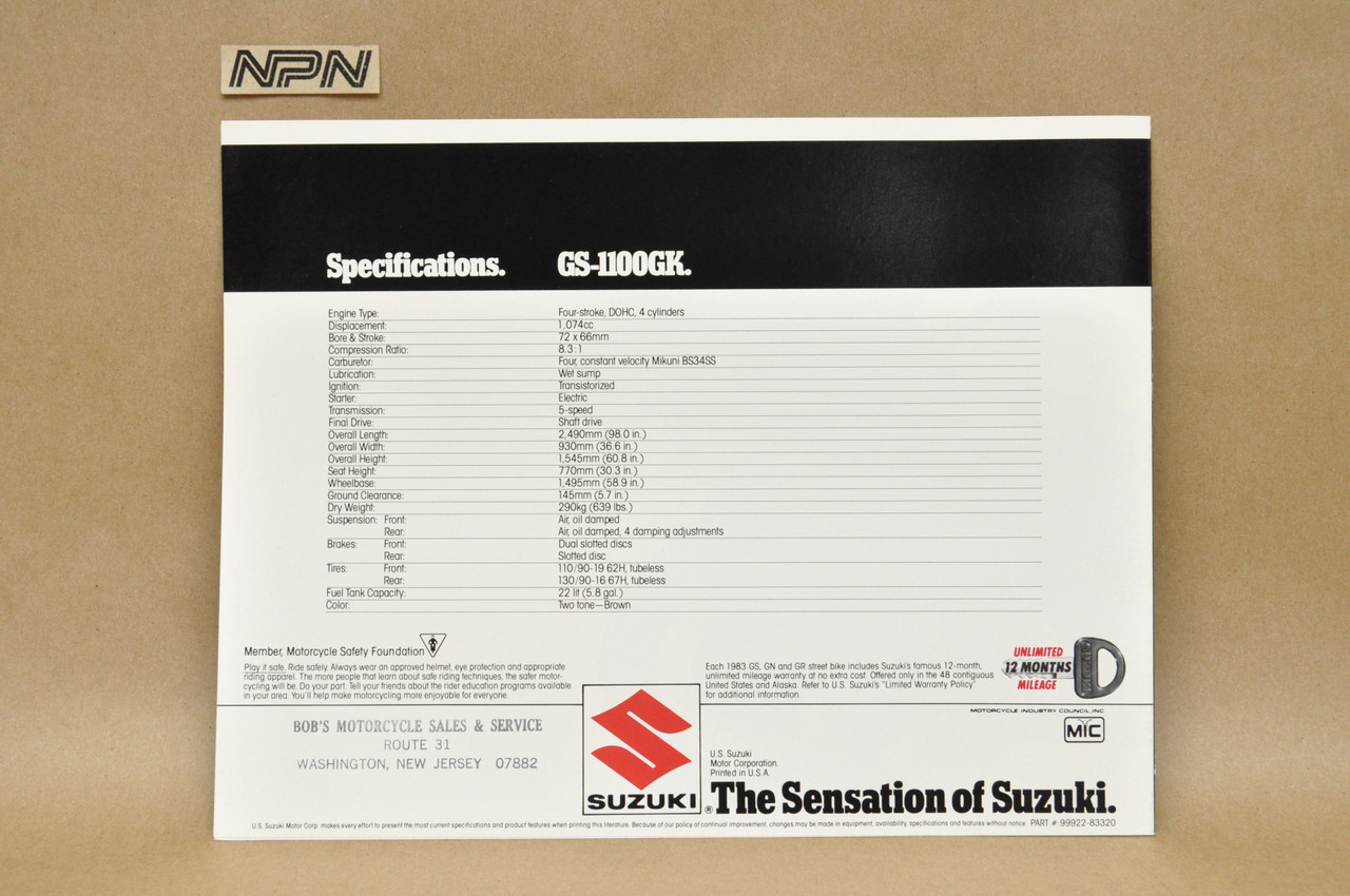 Vintage NOS 1983 Suzuki GS1100 GK Motorcycle Brochure Dealer Specs OEM