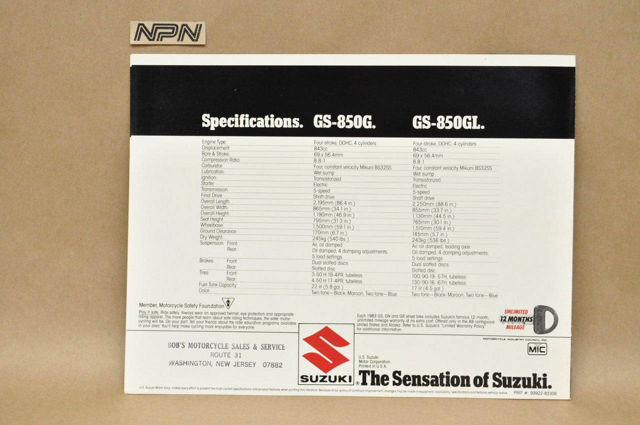 Vintage NOS 1983 Suzuki GS850 G GS850 GL Motorcycle Brochure Dealer Specs OEM