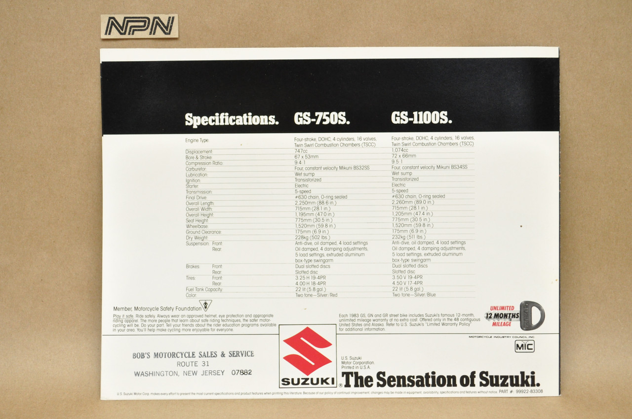 Vintage NOS 1983 Suzuki GS750 S GS1100 S Katanas Brochure Dealer Specs OEM