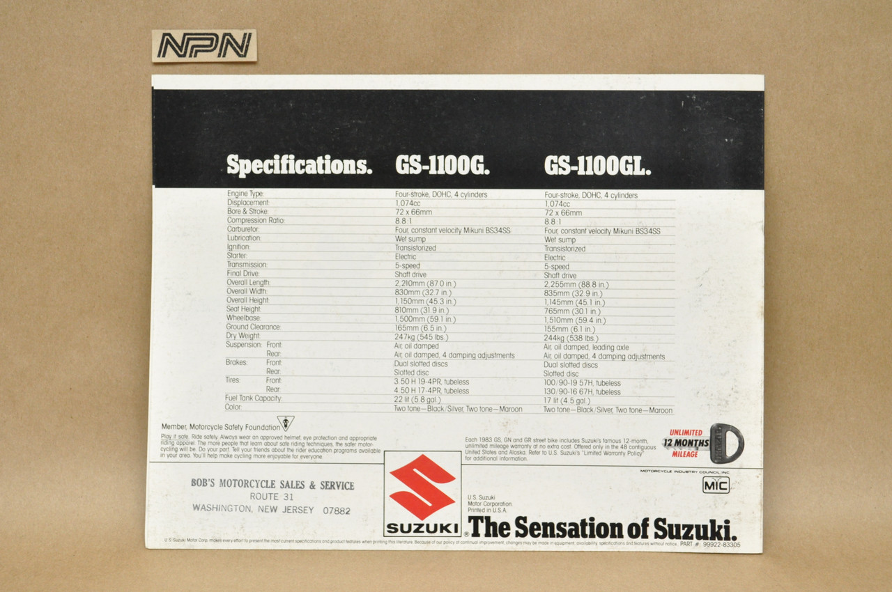 Vintage NOS 1983 Suzuki GS1100 G GS1100 GL Brochure Motorcycle Dealer Specs OEM