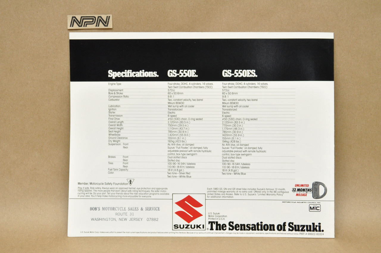 Vintage NOS 1983 Suzuki GS550 E GS550 ES Brochure Motorcycle Dealer Specs OEM