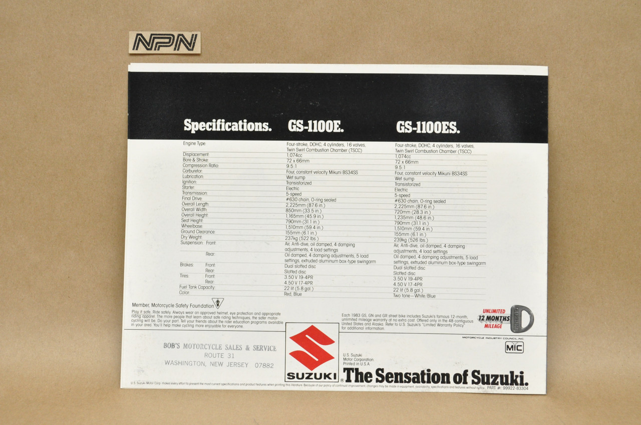 Vintage NOS 1983 Suzuki GS1100 E GS1100 ES Brochure Motorcycle Dealer Specs OEM