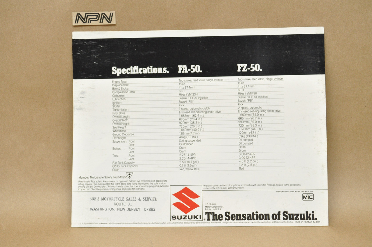 Vintage NOS 1983 Suzuki FA50 Shuttle FZ50 Moped Brochure Dealer Specs OEM