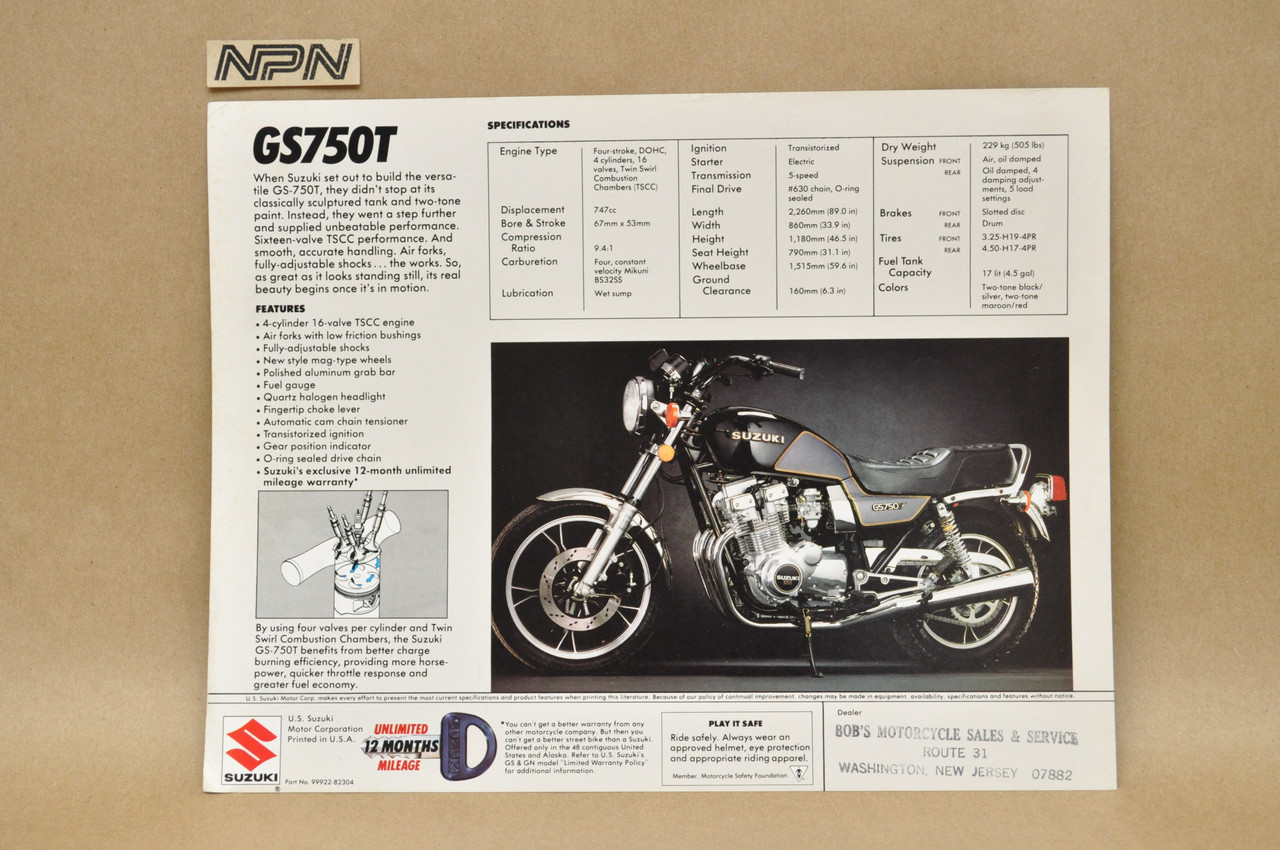 Vintage NOS 1982 Suzuki GS750 T Brochure  Motorcycle Dealer Specs OEM