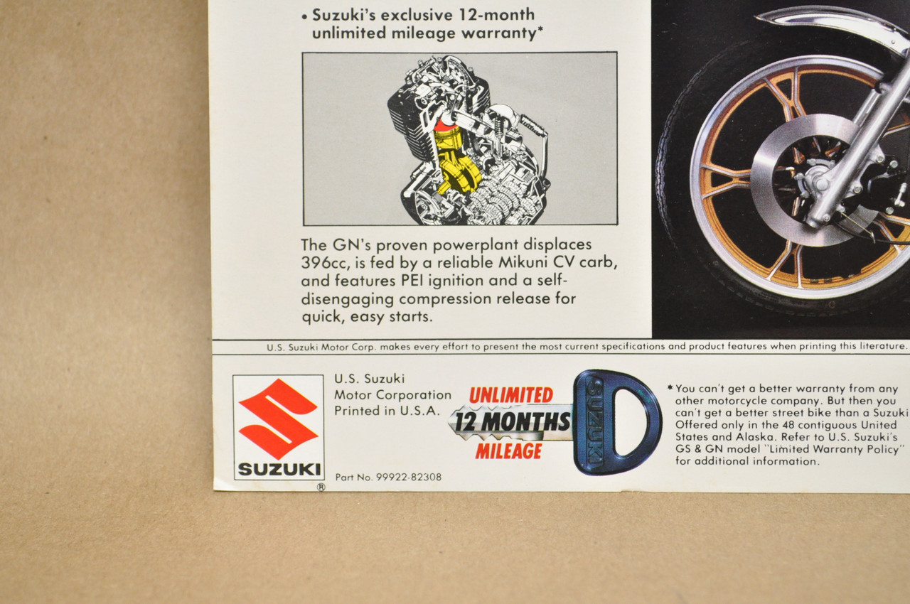 Vintage NOS 1982 Suzuki GN400 T Brochure  Motorcycle Dealer Specs OEM