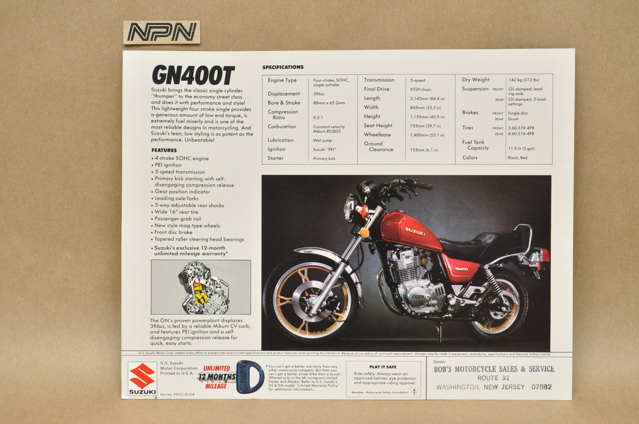 Vintage NOS 1982 Suzuki GN400 T Brochure  Motorcycle Dealer Specs OEM