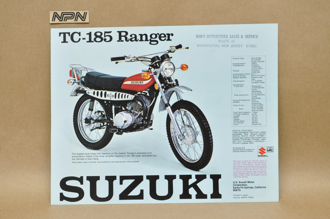 Vintage NOS 1975 Suzuki TS185 Sierra TC185 Ranger Brochure Dealer Specs OEM