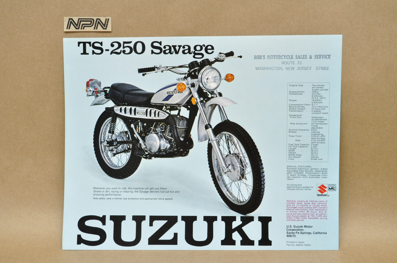 Vintage NOS 1975 Suzuki TS250 Savage TS400 Apache Brochure Dealer Specs OEM