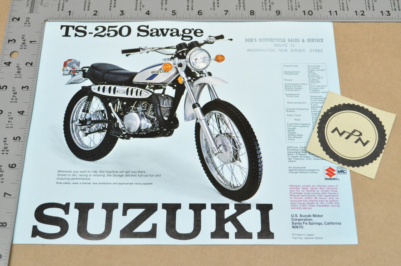Vintage NOS 1975 Suzuki TS250 Savage TS400 Apache Brochure Dealer Specs OEM