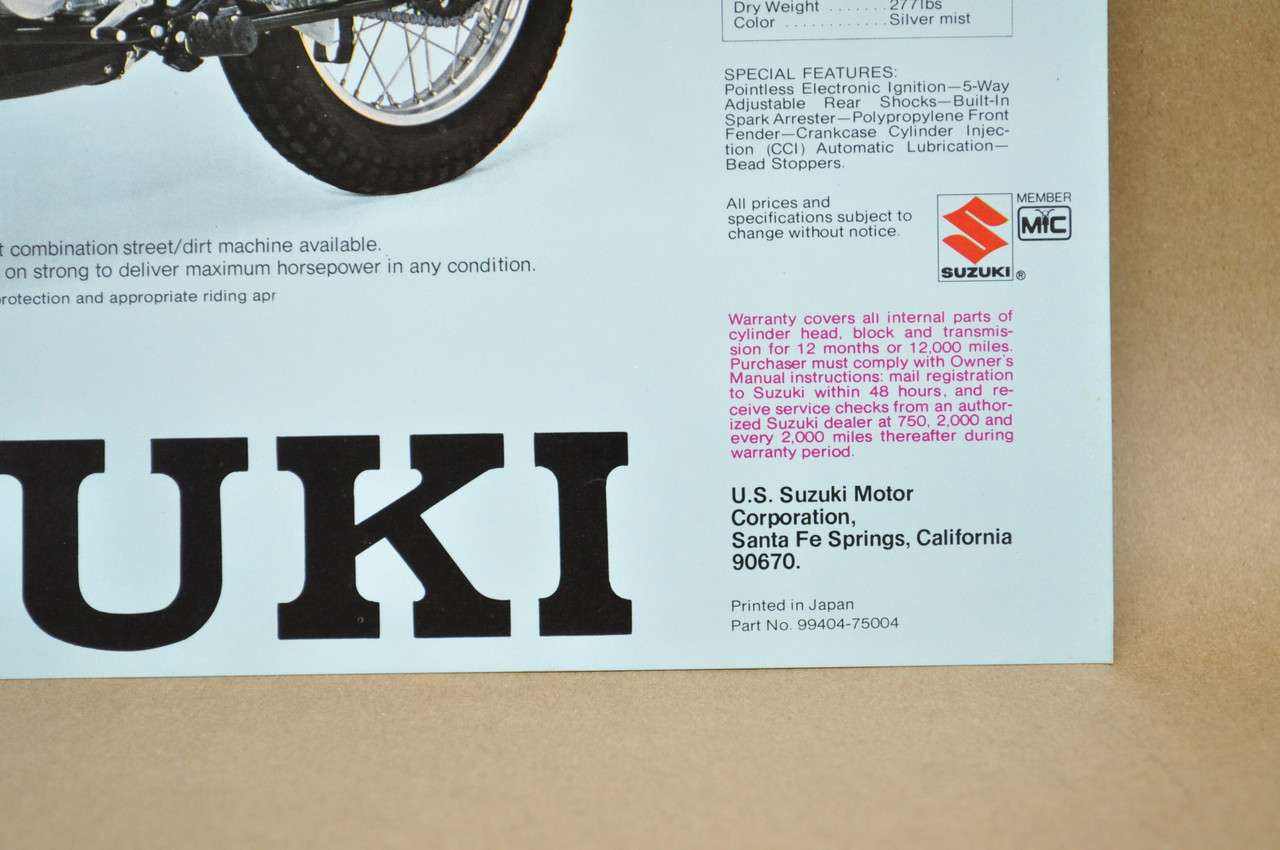 Vintage NOS 1975 Suzuki TS250 Savage TS400 Apache Brochure Dealer Specs OEM