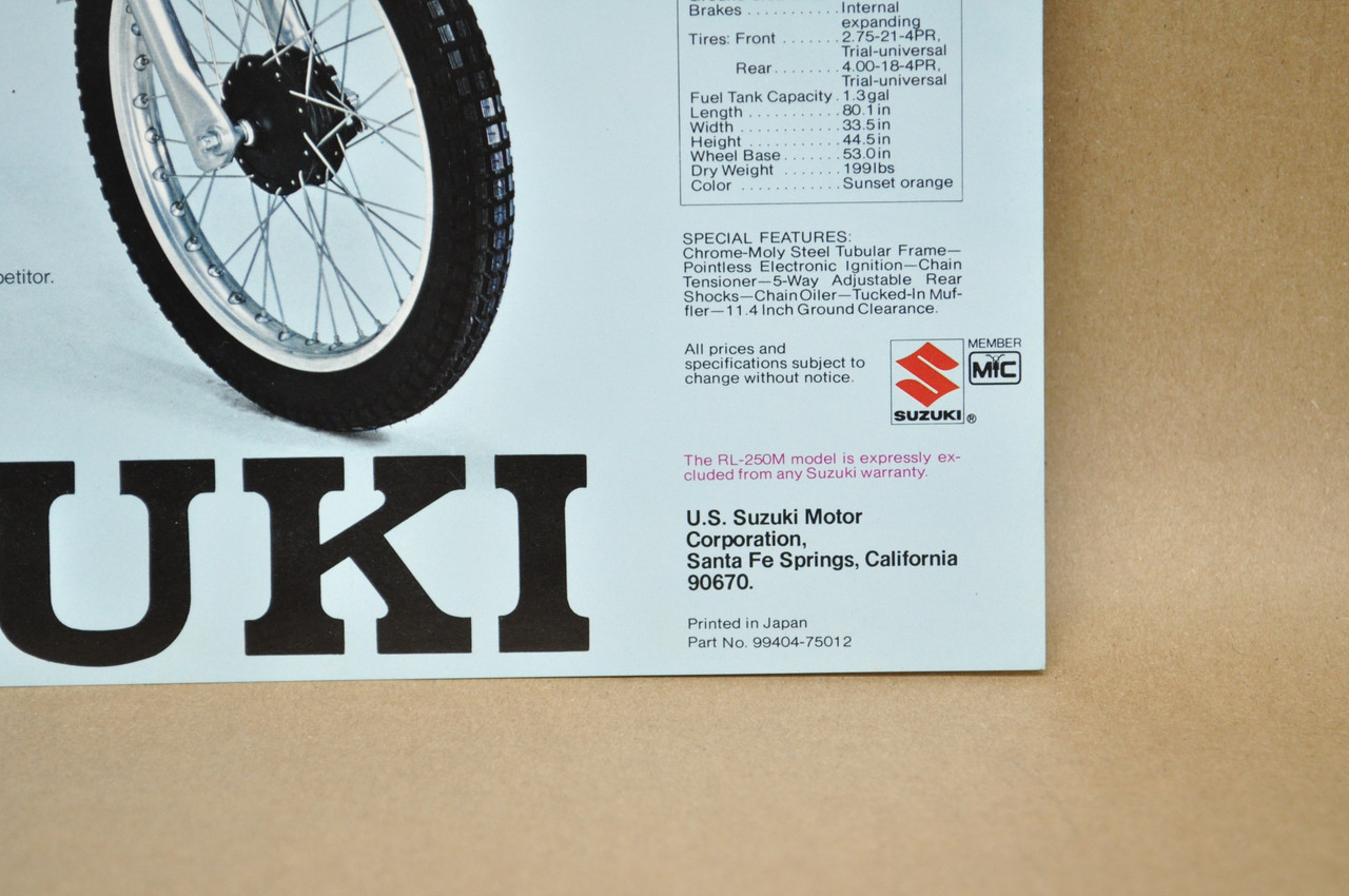 Vintage NOS 1975 Suzuki RL250 Exacta Motorcycle Brochure Dealer Specs OEM
