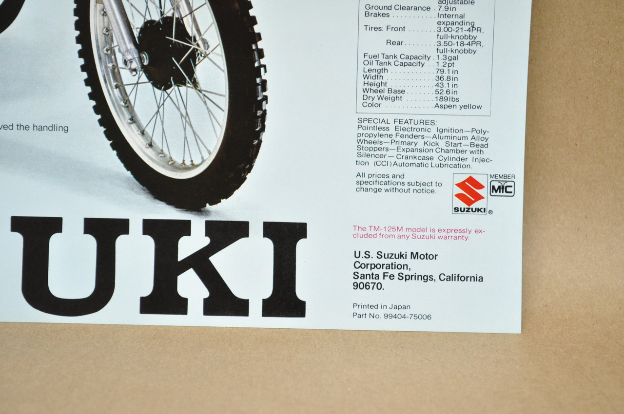Vintage NOS 1975 Suzuki TM125 Challenger TM100 Contender Brochure Dealer Specs