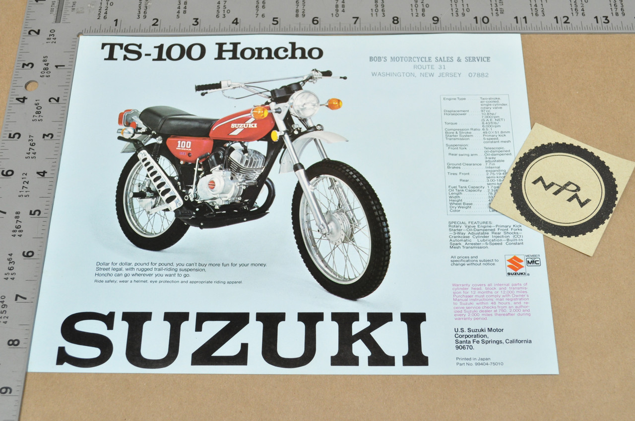 Vintage NOS 1975 Suzuki TS100 Honcho TC100 Blazer Brochure Dealer Specs OEM