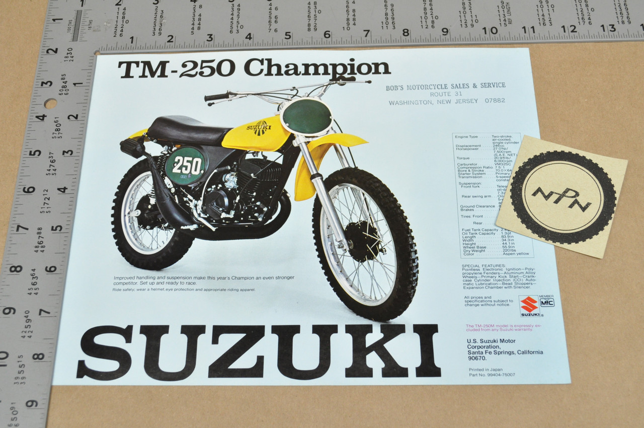 Vintage NOS 1975 Suzuki TM250 Champion TM400 Cyclone Brochure Dealer Specs OEM