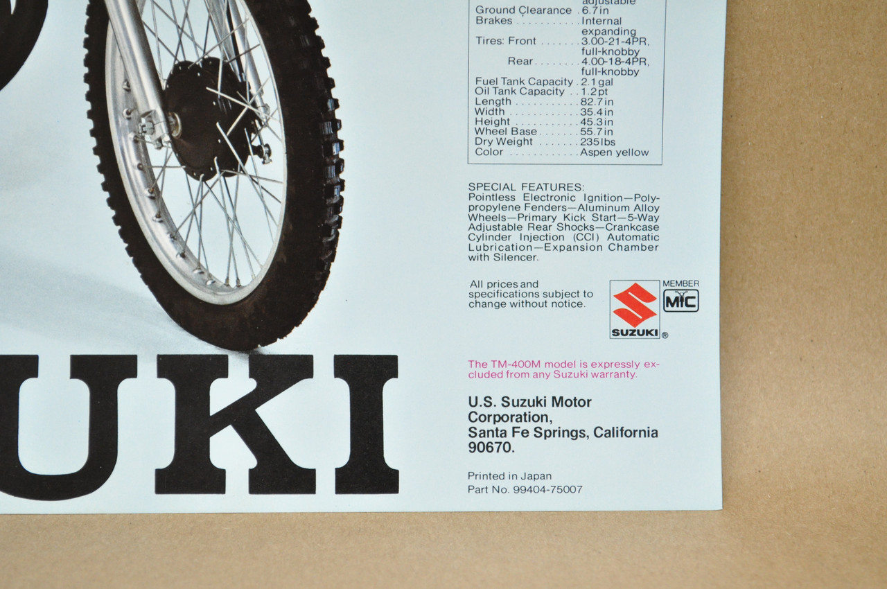 Vintage NOS 1975 Suzuki TM250 Champion TM400 Cyclone Brochure Dealer Specs OEM