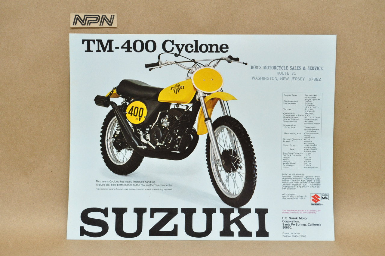Vintage NOS 1975 Suzuki TM250 Champion TM400 Cyclone Brochure Dealer Specs OEM