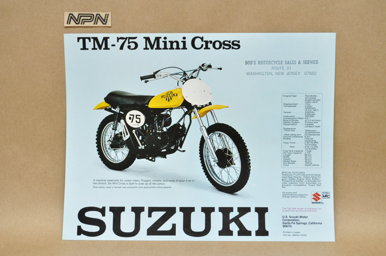 Vintage NOS 1975 Suzuki TS75 Colt TM75 Mini Cross Brochure Dealer Specs OEM