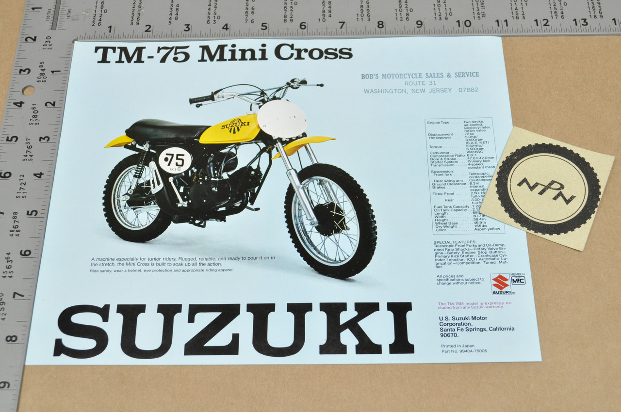 Vintage NOS 1975 Suzuki TS75 Colt TM75 Mini Cross Brochure Dealer Specs OEM