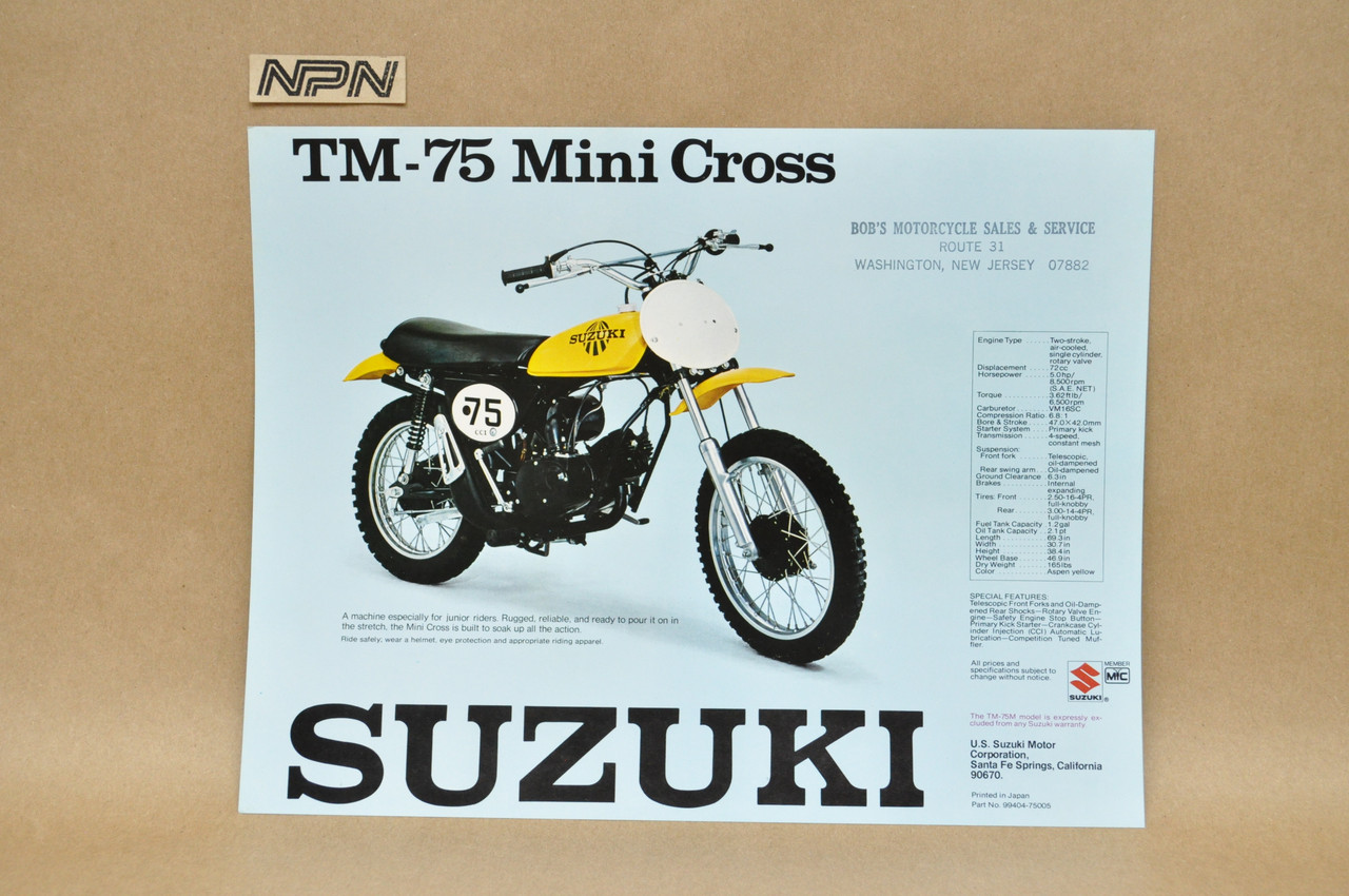 Vintage NOS 1975 Suzuki TS75 Colt TM75 Mini Cross Brochure Dealer Specs OEM
